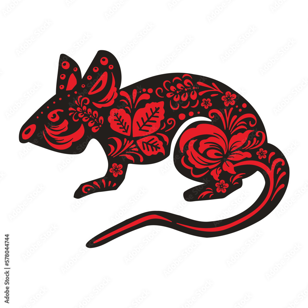 Black mouse, rat with flower painting in ethno red color and vector illustration Black mouse, rat with flower painting in ethno red color and vector illustration