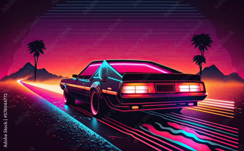 Neon Retro Sci-Fi Background. Futuristic landscape and design of the 80s. Car. Generative AI
