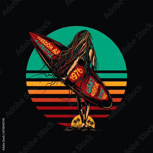 Original vector illustration in vintage style. A girl with a surfboard on the background of palm trees and sunset. T-shirt design, design element.