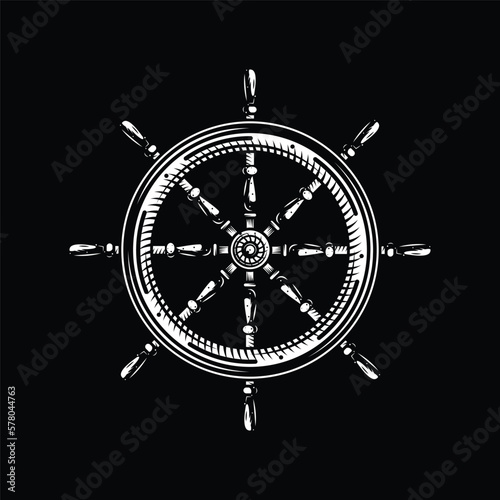 The helm of the ship. Original vector illustration in vintage style. T-shirt design, design element.