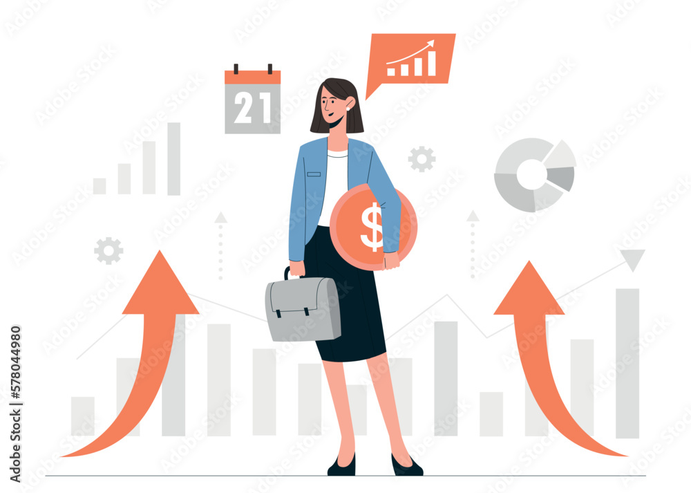 Development focus concept. Woman with gold coin in her hands looks at graphs and charts. Successful entrepreneur or investor evaluates income. Ambitions and progress. Cartoon flat vector illustration Development focus concept. Woman with gold coin in her hands looks at graphs and charts. Successful entrepreneur or investor evaluates income. Ambitions and progress. Cartoon flat vector illustration