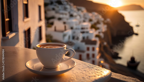 Cup of coffee on blurred background of picturesque Greek village. Romantic view. Based on Generative AI photo