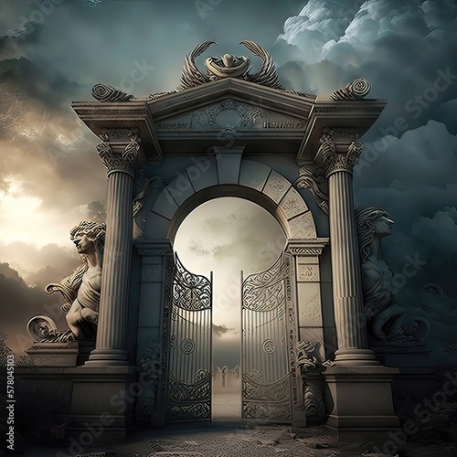 Greek gate with iron wings leads to the olympus. greek gate with iron wings leads to the olympus. Magical portal to another world. Heaven and hell. Afterlife. Generative of AI photo