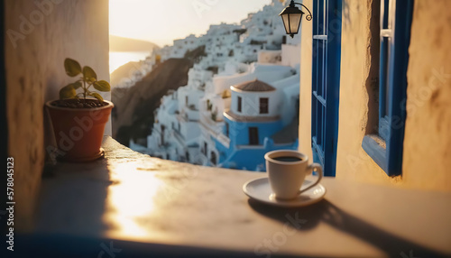 Cup of coffee on blurred background of picturesque Greek village. Romantic view. Based on Generative AI