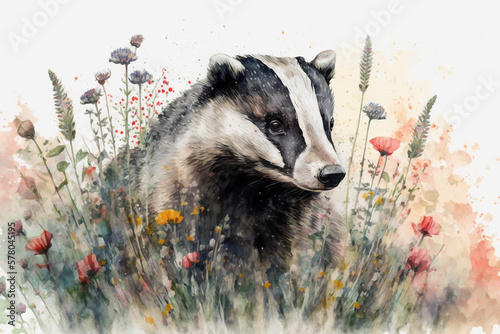 Watercolor painting of cute badger in a colorful flower field. Beautiful artistic animal portrait for poster, wallpaper, art print. Made with generative AI.