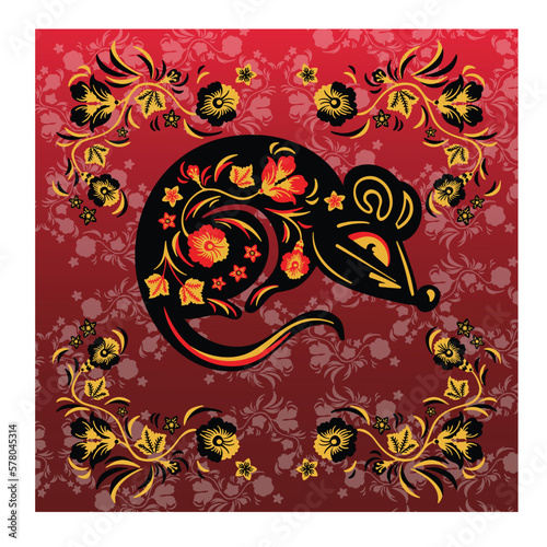 Banner mouse  rat symbol of the year  style of Khokhloma painting and ethno  illustration