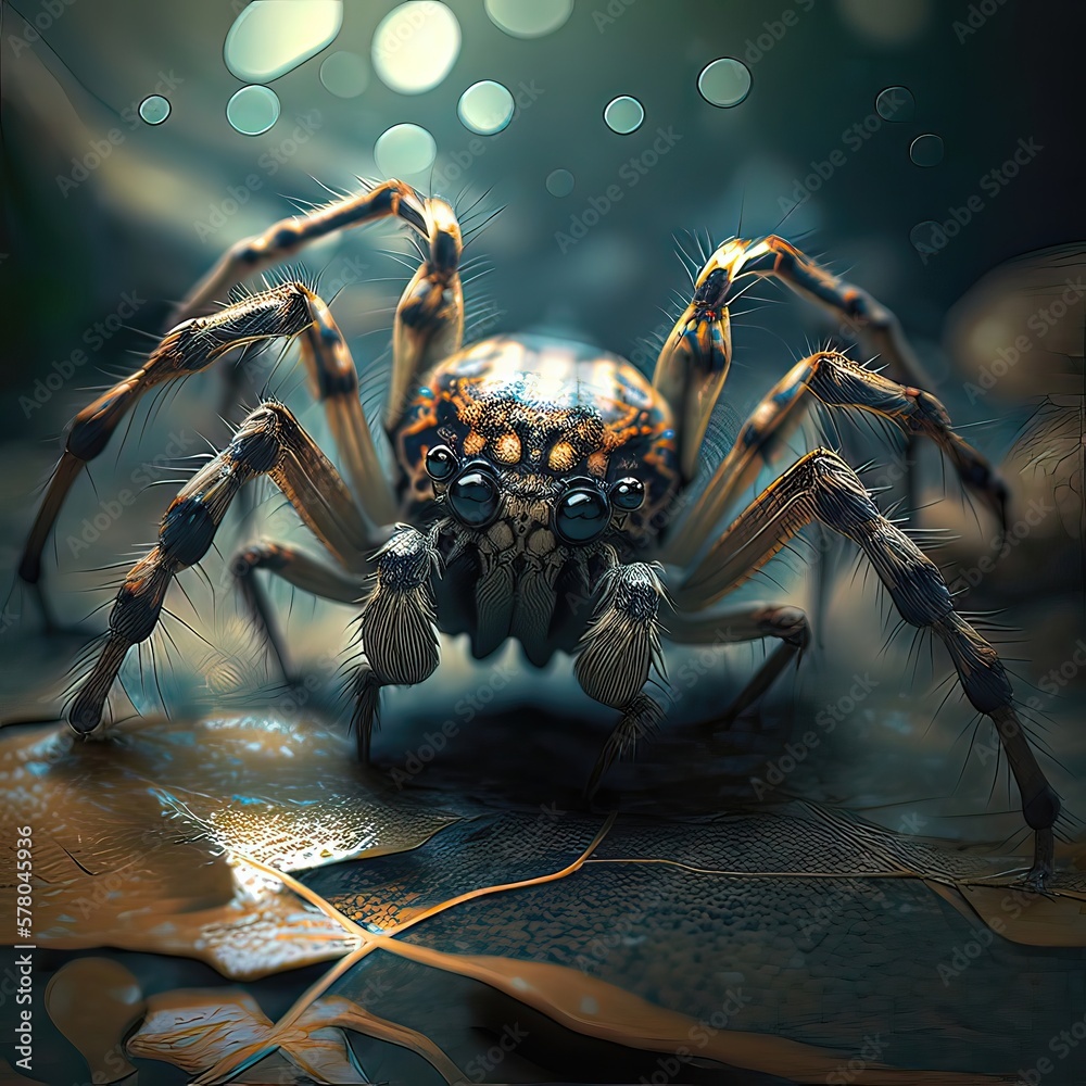 Black scary spider closed up on a dark background. Poisonous scary