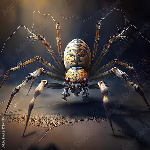 Black scary spider closed up on a dark background. Poisonous scary spider from the horror movies Web, striped paws. Tarantula, Arachnophobia concept. Generative of AI photo