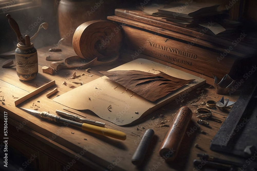 Wood desk of a carpenter and some tools in a classical setting