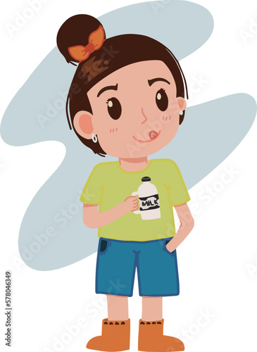 Happy cute little girl holding a bottle of milk drinking healthy milk with slurp tounge illustration