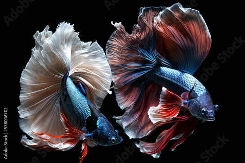 Beautiful colorful of siamese betta fish in plain dark black background Made with Generative AI