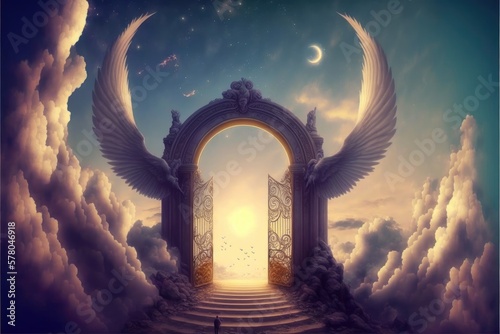 Heaven fantasy gate with bird's wing in the colorful skyline. Concept of luxurious fantasy bright light walking through successful way in freedom life. Finest generative AI.