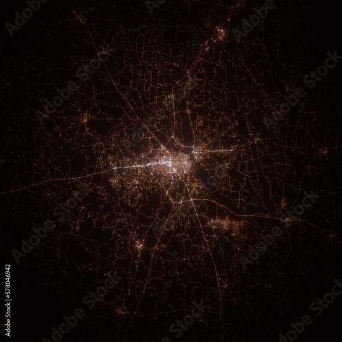 Hattiesburg (Mississippi, USA) street lights map. Satellite view on modern city at night. Imitation of aerial view on roads network. 3d render