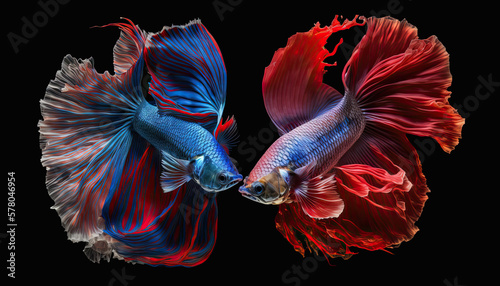 Beautiful colorful red and blue of siamese betta fish in plain dark black background Made with Generative AI