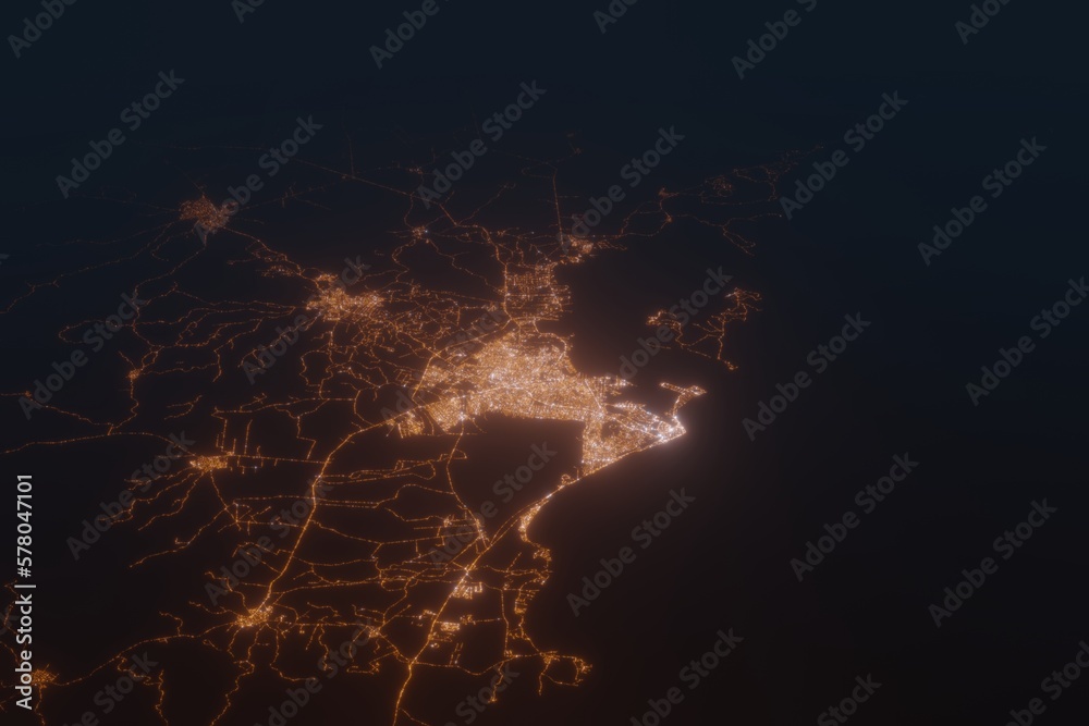Aerial shot of Cartagena (Colombia) at night, view from north. Imitation of satellite view on modern city with street lights and glow effect. 3d render