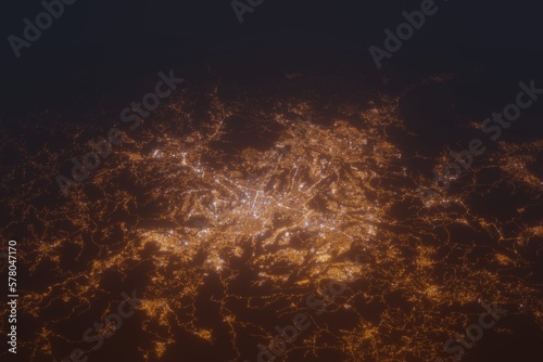 Aerial shot of Guatemala at night, view from north. Imitation of satellite view on modern city with street lights and glow effect. 3d render