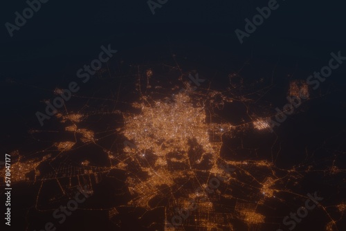 Aerial shot on Isfahan (Iran) at night, view from west. Imitation of satellite view on modern city with street lights and glow effect. 3d render