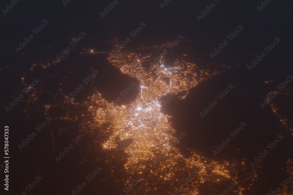 Aerial shot of Manila (Philippines) at night, view from north. Imitation of satellite view on modern city with street lights and glow effect. 3d render