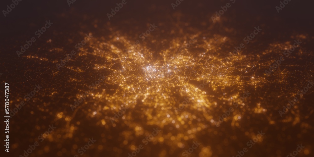 Street lights map of Toulouse (France) with tilt-shift effect, view from north. Imitation of macro shot with blurred background. 3d render, selective focus