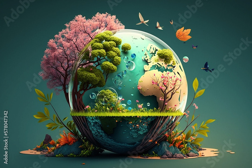 World environment and earth day concept with glass globe and eco friendly enviroment photo