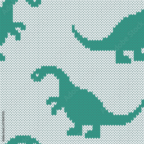 Dinosaur knitted seamless pattern for jumper or socks design. Vector illustration.