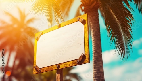 empty sign with sunlight with palm tree, idea for mockup, Generative Ai