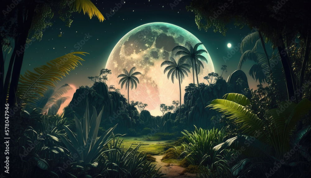 Fantastic jungle in the evening, big moon in the sky, wallpaper