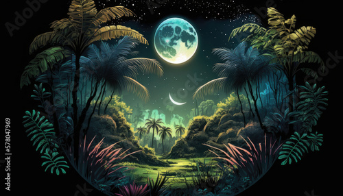Fototapeta Naklejka Na Ścianę i Meble -  Fantastic jungle in the evening, big moon in the sky, wallpaper, created with Generative AI technology.