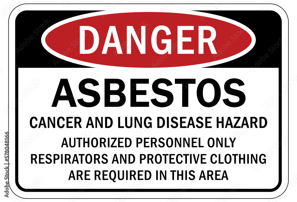 Asbestos chemical hazard sign and labels cancer and disease hazard. Authorized personnel only. Respirators and protective clothing are required in this area Asbestos chemical hazard sign and labels cancer and disease hazard. Authorized personnel only. Respirators and protective clothing are required in this area