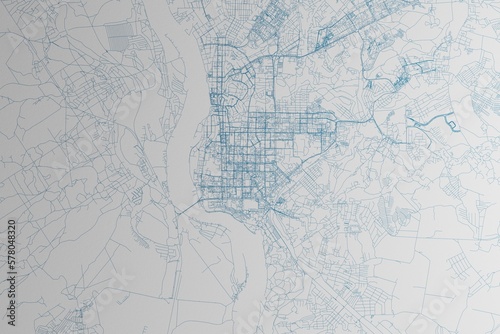 Map of the streets of Tomsk (Russia) made with blue lines on white paper. 3d render, illustration