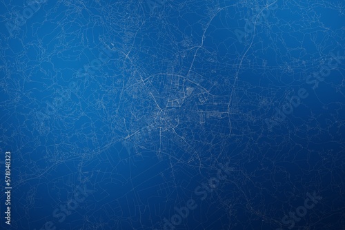 Stylized map of the streets of Ljubljana (Slovenia) made with white lines on abstract blue background lit by two lights. Top view. 3d render, illustration