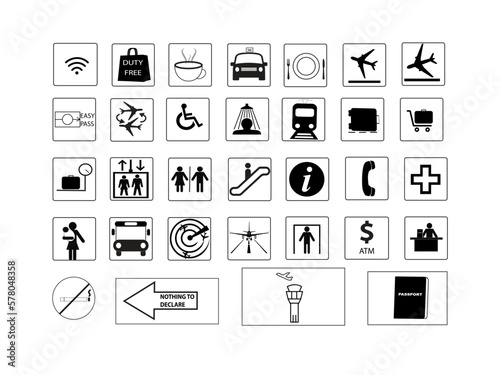 Set of thirty two airport signs and symbols
