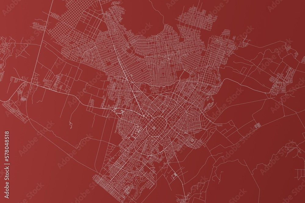 Map of the streets of Trujillo (Peru) made with white lines on red background. Top view. 3d render, illustration