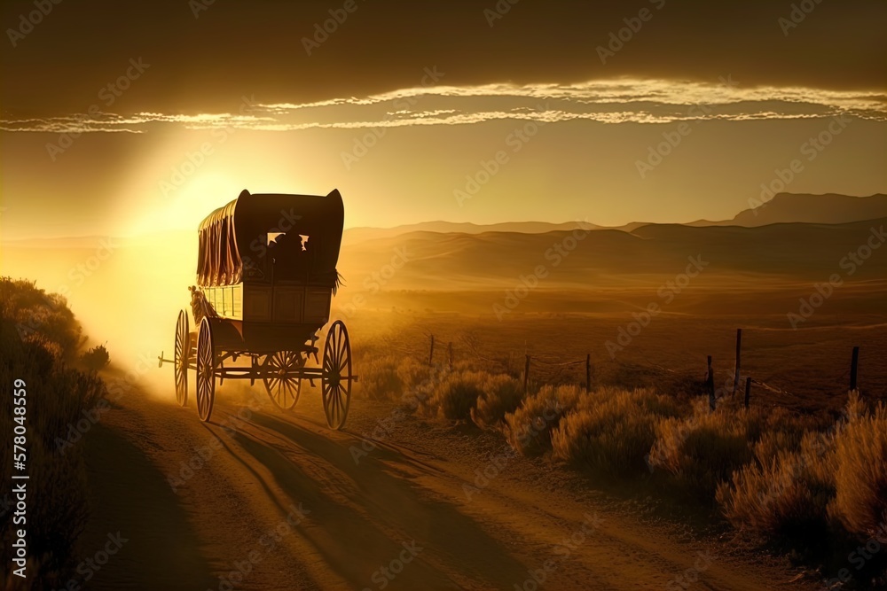 A horse and wagon on a trail in the old West. Cowboy movie.