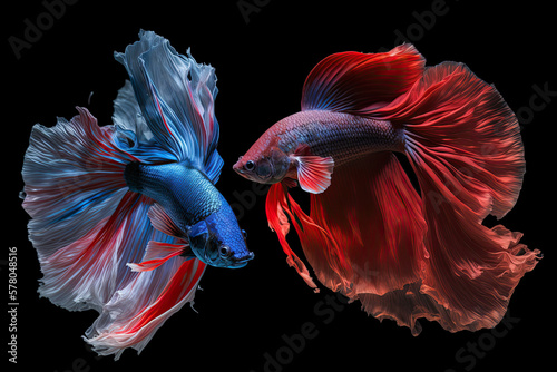 Beautiful colorful red and blue of siamese betta fish in plain dark black background Made with Generative AI