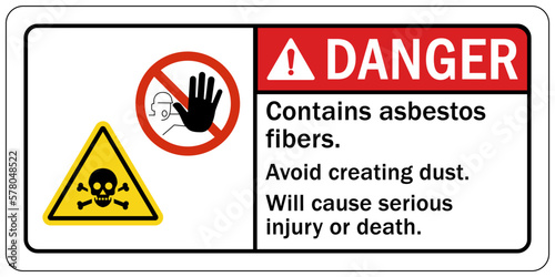 Asbestos chemical hazard sign and labels avoid creating dust. Will cause serious injury or death
