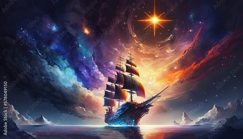 Naklejka premium sci-fi pirate ship sailing to the horizon, Generative Ai