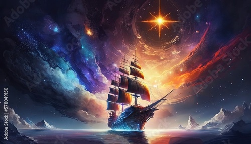 Fototapeta Naklejka Na Ścianę i Meble -  sci-fi pirate ship sailing to the horizon, Generative Ai