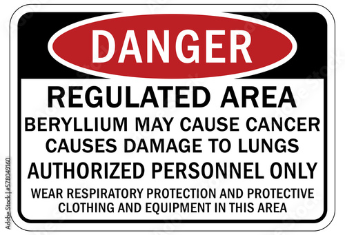 Beryllium chemical hazard sign and labels regulated area. Beryllium may cause cancer, damage to lungs. Authorized personnel only. Wear respiratory protection and protective clothing and equipment