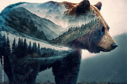 Wondrous brown grizzly bear in outdoor double exposure with natural taiga forest mountain background design as concept of adventure and exploring nature with peaceful environment. Generative AI photo