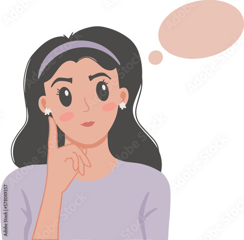 Pretty woman pose by placing finger on chin smile expression thinking text space illustration