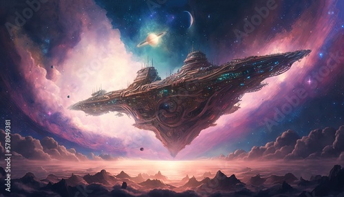 Fototapeta Naklejka Na Ścianę i Meble -  surreal futuristic sci-fi fantasy spacecraft vessel travel among star in space, Generative Ai