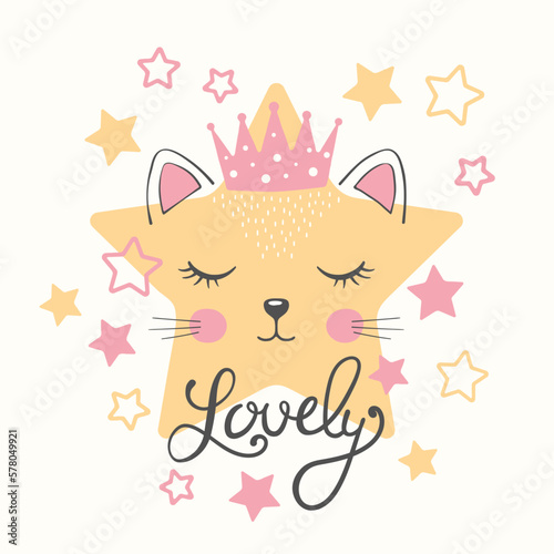 Princess. Lovely slogan text. Cute cat, star, crown. For t-shirt and other uses