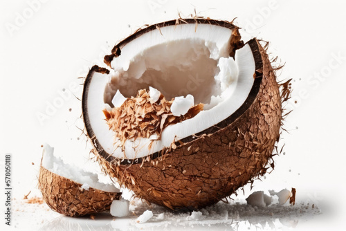 A cracked coconut isolated on a white background. Generative AI