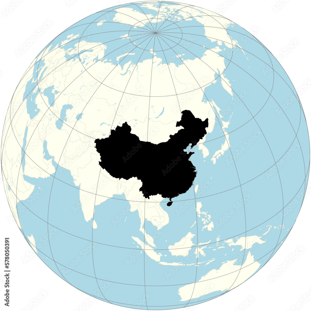 china-centered-in-the-world-map-in-an-orthographic-projection-stock