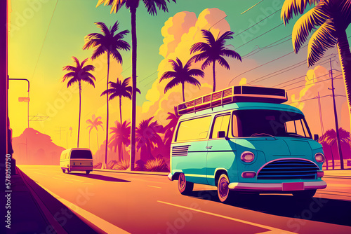 Van driving down a street next to palm trees. Retro wave illustration. Decorative background, concept of summer, travel, holidays and freedom. Generative AI © cmapuk_0nline