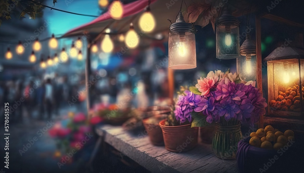 festive atmosphere restaurant or night market place with string lights and flower bouquet on table, Generative Ai