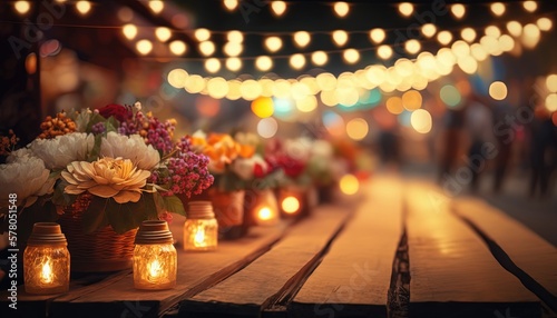 festive atmosphere restaurant or night market place with string lights and flower bouquet on table  Generative Ai