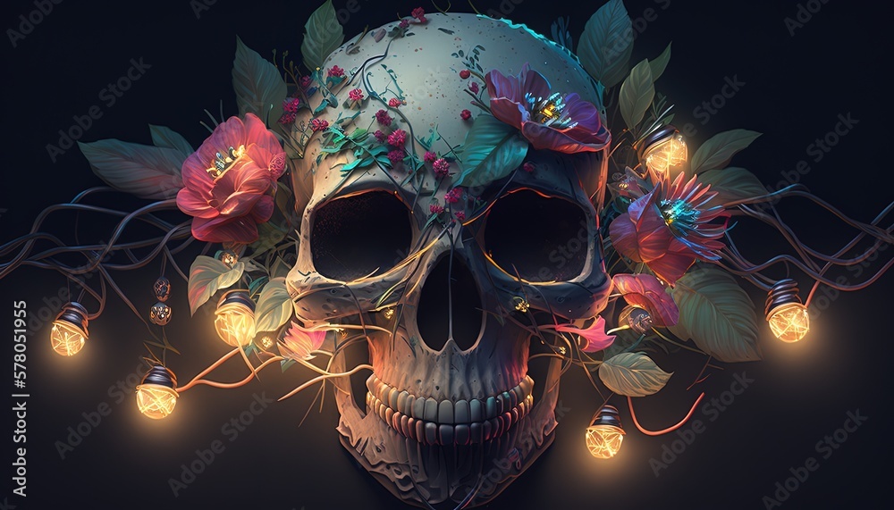 artistic style illustration of a life still skull with flower blossom, spring season greeting, Generative Ai
