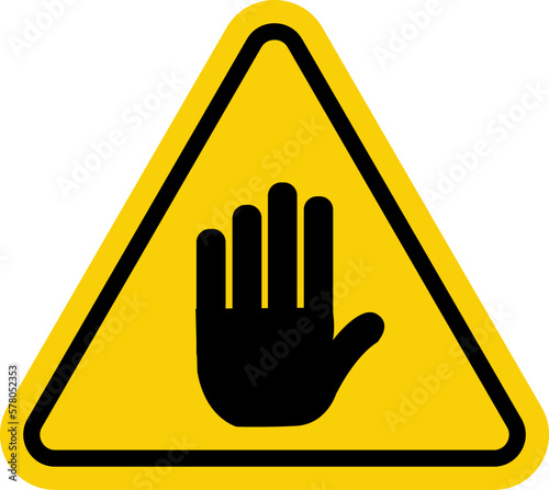 Yellow triangle and black palm. Forbidden access. Forbidden sign. Do not touch. Will stop. No entry sign.